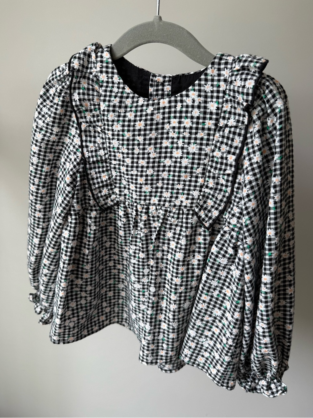 Zara Black and White Gingham Floral Ruffle Top